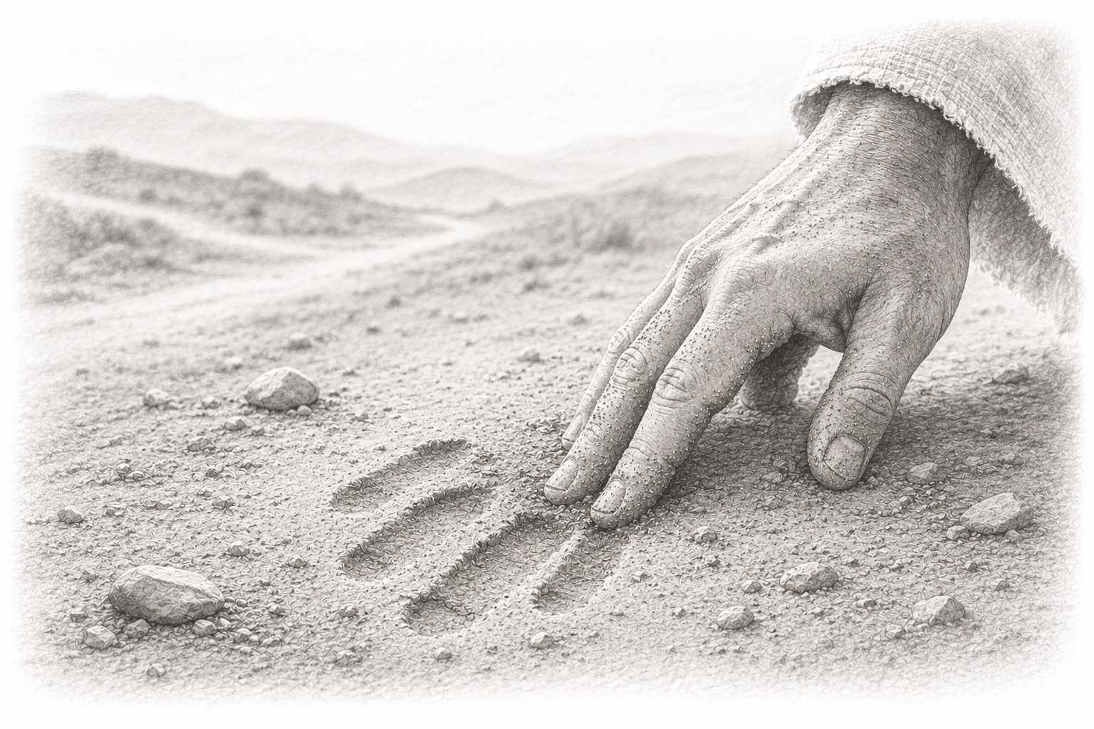 A hand tracing marks in the dust