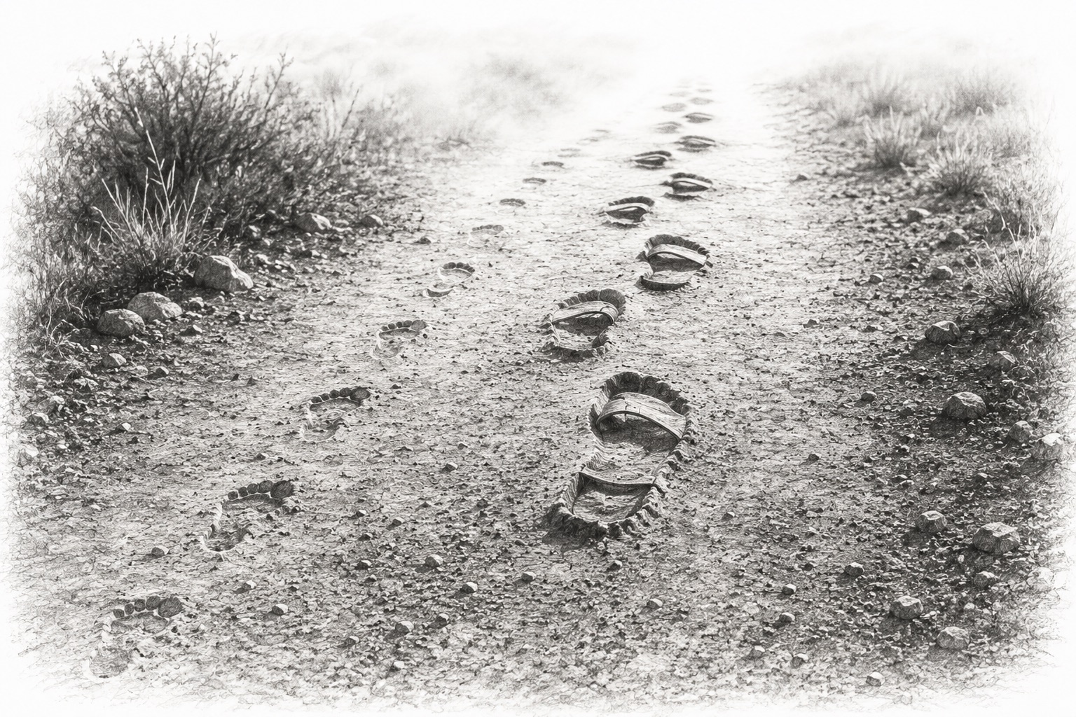 Footprints following sandals along a dusty path