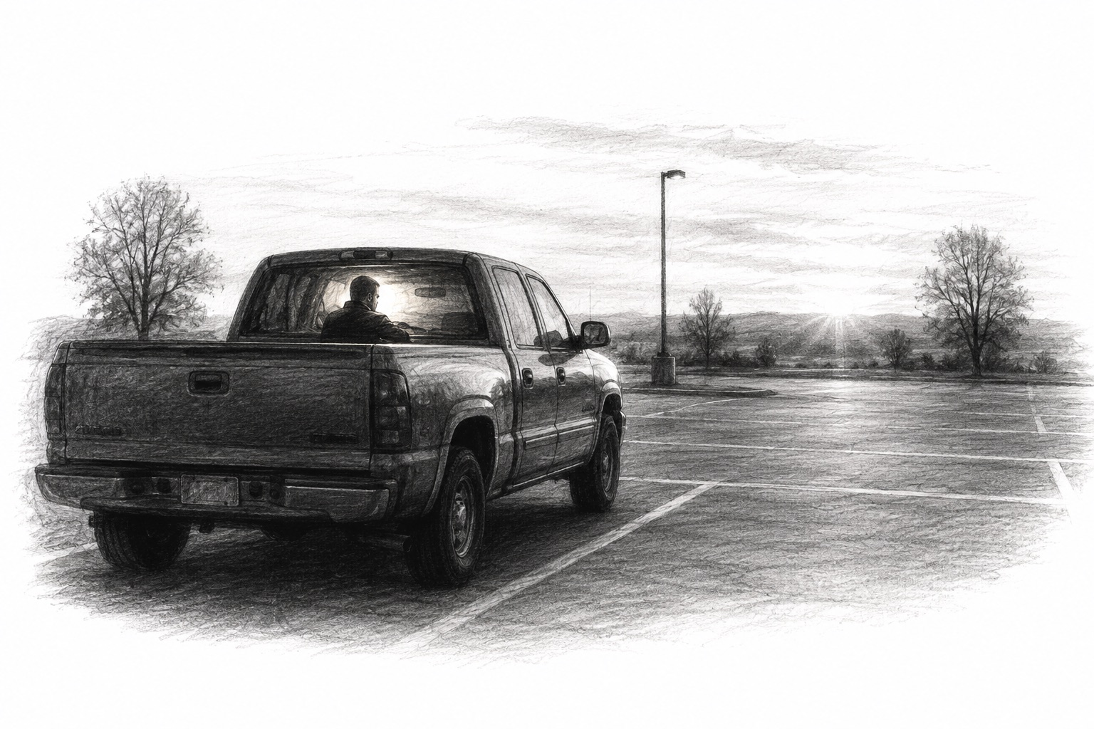 A solitary person sitting in a truck at sunrise