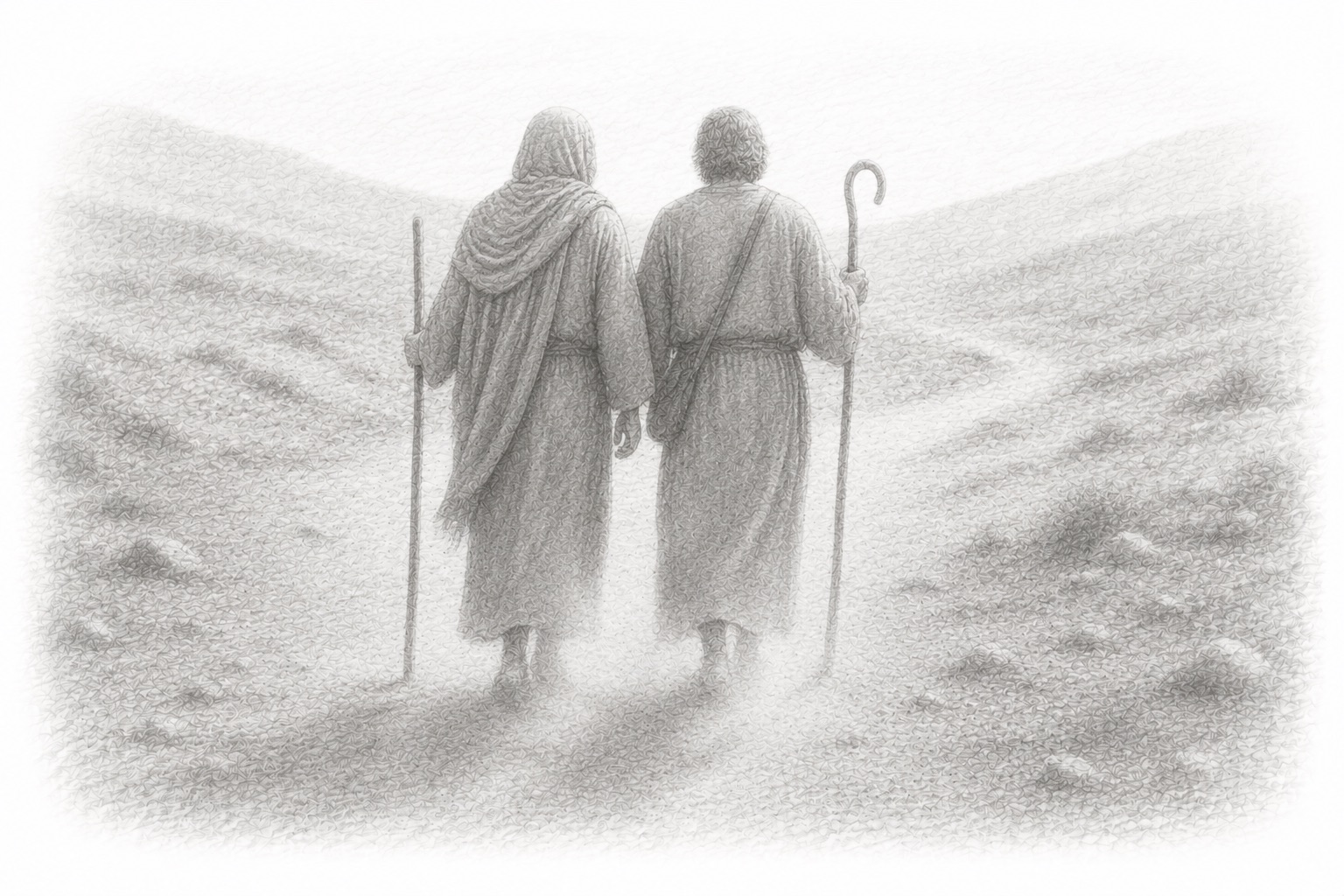 Two people walking side by side into the distance